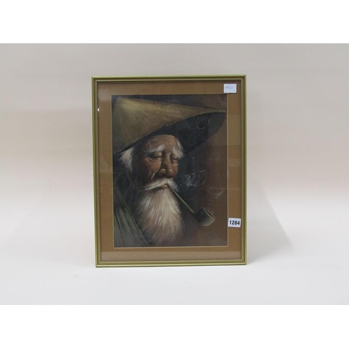 1284 - G GRIS - CHINESE GENT SMOKING A PIPE, OIL ON CNAVAS, FRAMED, 38CM X 28CM