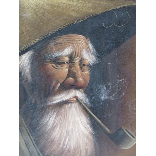 1284 - G GRIS - CHINESE GENT SMOKING A PIPE, OIL ON CNAVAS, FRAMED, 38CM X 28CM