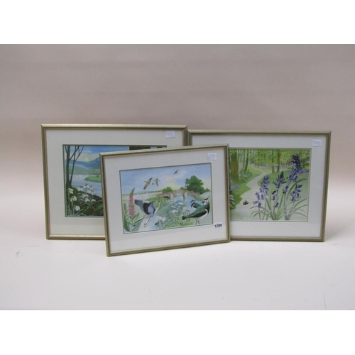 1289 - PAT BARBROOK - THREE FRAMED WATERCOLOURS - BRIDGE OVER RIVER, BLUEBELLS & SNOWDROPS ON A RIVERBANK, ... 