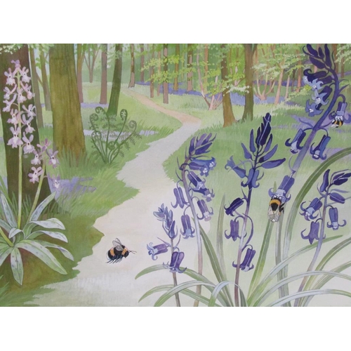 1289 - PAT BARBROOK - THREE FRAMED WATERCOLOURS - BRIDGE OVER RIVER, BLUEBELLS & SNOWDROPS ON A RIVERBANK, ... 