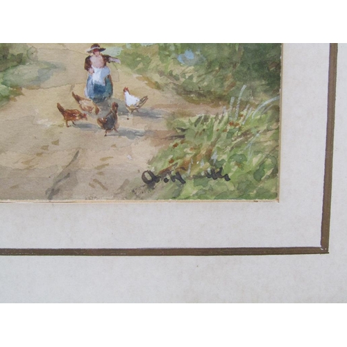 1295 - A HULK - LADY WITH CHICKENS ON A PATHWAY & LADY WITH CHICKENS NEAR HOMESTEAD, SIGNED WATERCOLOURS, F... 