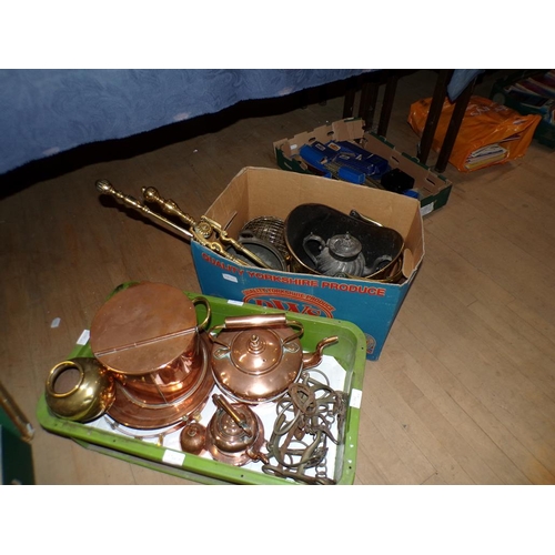 1328 - TWO BOXES OF MIXED BRASS, COPPER AND IRON WARES