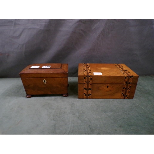 1338 - 19c MAHOGANY CONVERTED CADDY BOX TOGETHER WITH A TUNBRIDGE BANDED NEEDLEWORK BOX