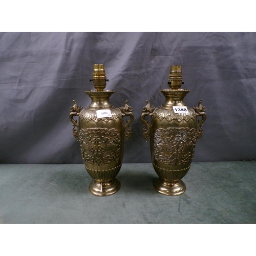 1348 - PAIR OF BRASS ORIENTAL DESIGN TABLE LAMPS, EACH 25cms H