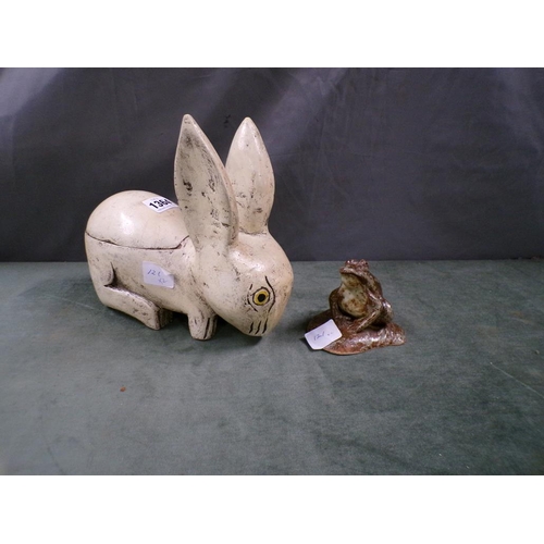 1364 - WHITE PAINTED CARVED WOOD RABBIT (25cms L) TOGETHER WITH A STONEWARE FROG (8cms H)