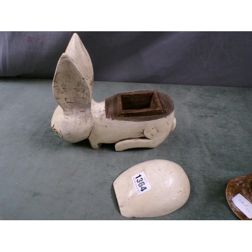 1364 - WHITE PAINTED CARVED WOOD RABBIT (25cms L) TOGETHER WITH A STONEWARE FROG (8cms H)