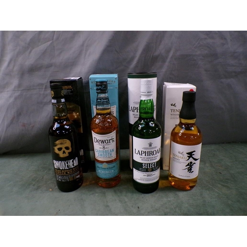 1373 - BOTTLE OF DOUBLE AGED RUM AND THREE BOTTLES OF WHISKY, TENJAKU, SMOKE HEAD AND LAPHROAIG