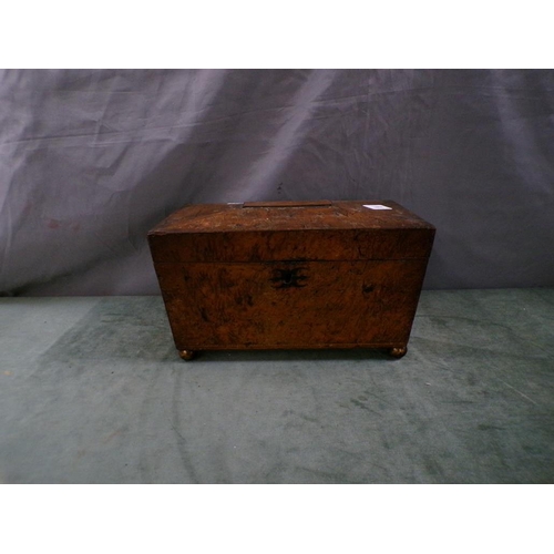 1391 - 19c FIGURED WALNUT VENEERED TWO COMPARTMENT TEA CADDY, 30cms W