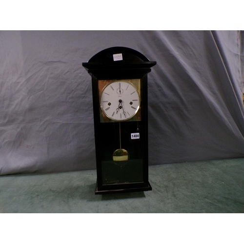 1404 - KIENINGER PENDULUM WALL CLOCK IN EBONISED AND GLAZED CASE - 60cms H OVERALL