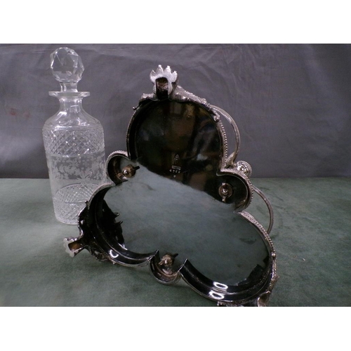 1698 - SILVER PLATED CUT GLASS THREE BOTTLE DECANTER