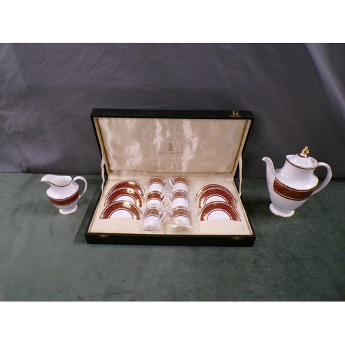 1827 - SET OF SIX ROYAL DOULTON BUCKINGHAM COFFEE CANS AND SAUCERS, BOXED, MILK JUG AND COFFEE POT, 26CM H