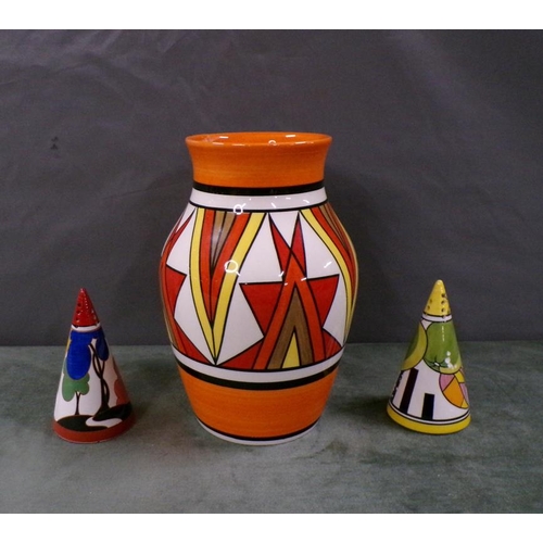 1828 - WEDGWOOD CLARICE CLIFF VASE, A/F, 22CM H & TWO CONICAL SIFTERS