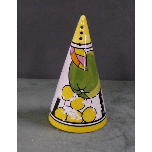 1828 - WEDGWOOD CLARICE CLIFF VASE, A/F, 22CM H & TWO CONICAL SIFTERS