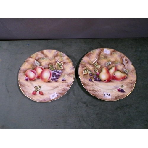 1833 - PAIR OF HAND PAINTED DAVID BOWKETT FRUIT PLATES, SIGNED, 28CM DIAM