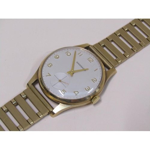 1492 - 9ct GOLD GARRARD GENTS WATCH WITH PLATED STRAP IN ORIGINAL BOX WITH SERVICE RECEIPT