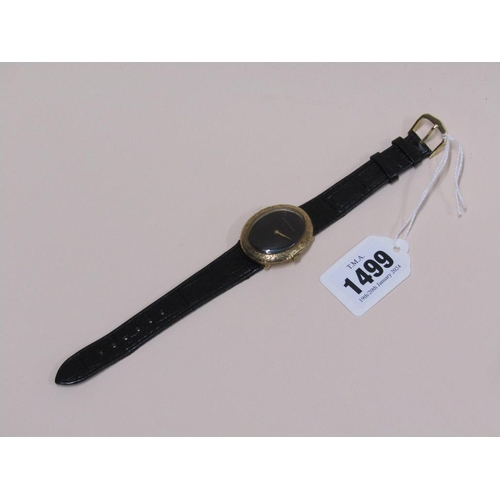 1499 - 9ct GOLD GENTS BUECHEGIROD WATCH ON BLACK LEATHER STRAP