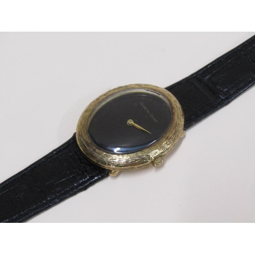 1499 - 9ct GOLD GENTS BUECHEGIROD WATCH ON BLACK LEATHER STRAP