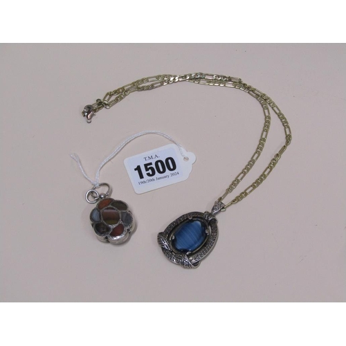 1500 - SCOTTISH SILVER STONE SET PENDANT LOCKET, WHITE METAL STONE SET PENDANT AND GILT METAL CHAIN