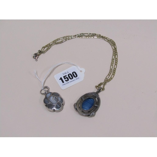 1500 - SCOTTISH SILVER STONE SET PENDANT LOCKET, WHITE METAL STONE SET PENDANT AND GILT METAL CHAIN