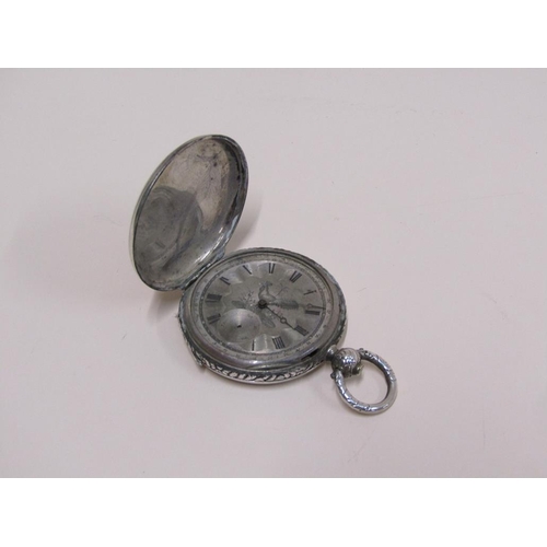 1502 - VICTORIAN SILVER VERGE POCKET WATCH ON CHAIN, CONTINENTAL SILVER FOB WATCH