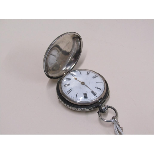 1502 - VICTORIAN SILVER VERGE POCKET WATCH ON CHAIN, CONTINENTAL SILVER FOB WATCH