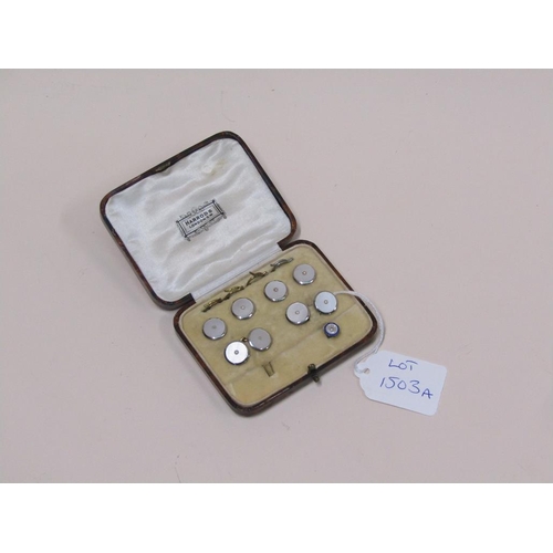 1503A - BOXED SET OF 9CT + 18CT SEED PEARL SET STUDS BUTTONS AND CUFFLINKS IN FITTED HARRODS LEATHER BOX - O... 