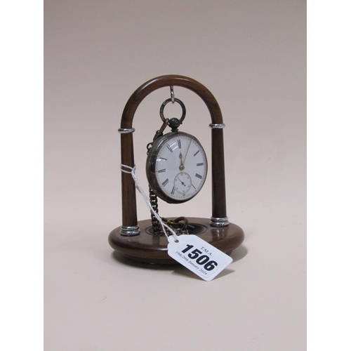 1506 - SILVER POCKET WATCH AND ALBERT CHAIN HANGING ON WOODEN WATCH STAND