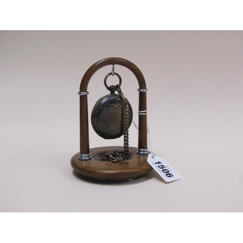 1506 - SILVER POCKET WATCH AND ALBERT CHAIN HANGING ON WOODEN WATCH STAND