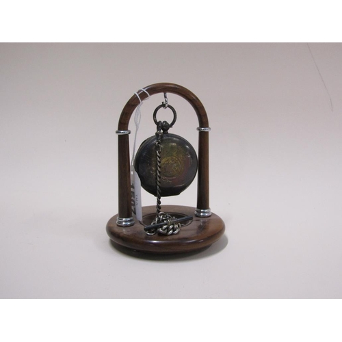 1507 - EDWARDIAN SILVER POCKET WATCH AND SILVER ALBERT CHAIN HANGING ON WOODEN WATCH STAND