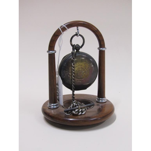 1507 - EDWARDIAN SILVER POCKET WATCH AND SILVER ALBERT CHAIN HANGING ON WOODEN WATCH STAND