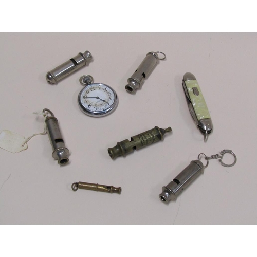 1511 - BOX OF POLICEMANS WHISTLES PLUS PENKNIFE AND POCKET WATCH