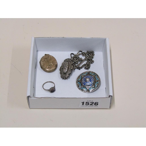 1526 - SILVER CHAIN, TWO SILVER BROOCHES, RING, GILT METAL PENDANT LOCKET