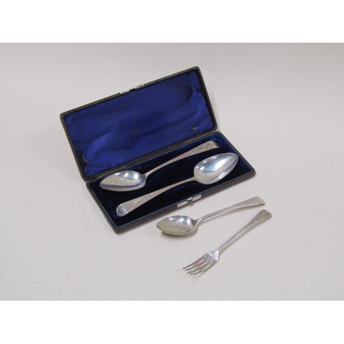 1544 - PAIR OF BOXED SILVER SPOONS, MAKERS MARKS FOR RICHARD FERRIS EXETER 1803 AND A LATER SILVER SPOON AN... 