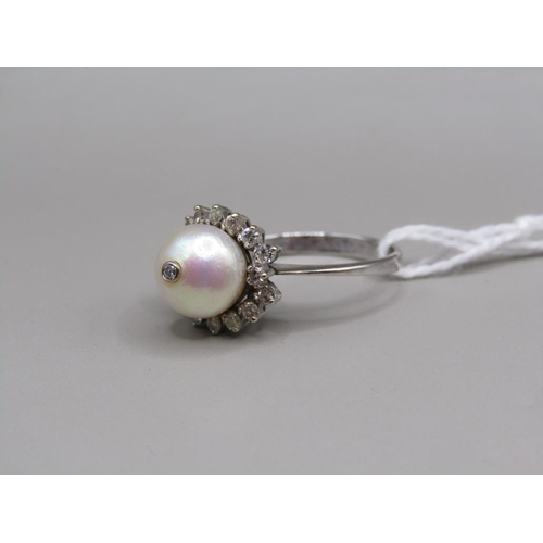 1548 - WHITE GOLD DIAMOND AND PEARL RING SIZE N 1/2