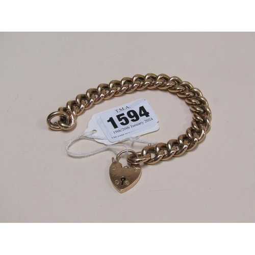 1594 - 9ct GOLD HEAVY LINK BRACELET WITH HEART PADLOCK 26.6g