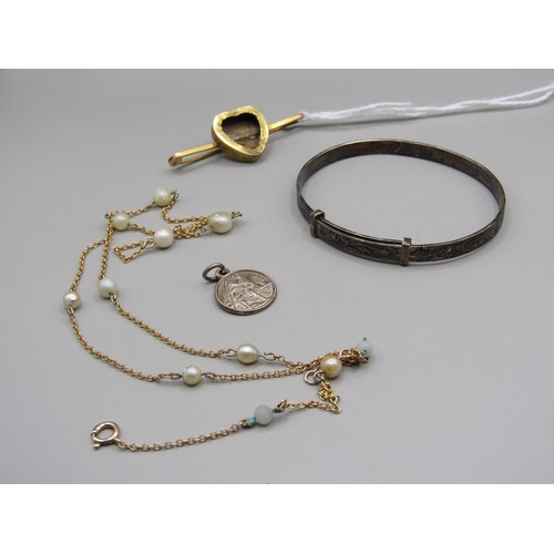 1597 - SILVER BRACELET PLUS PENDANT, GILT METAL AND PEARL CHAIN, 9ct GOLD HEART SHAPED BROOCH