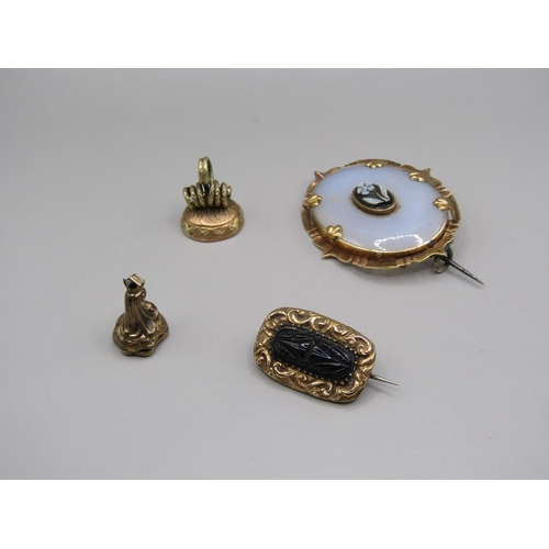 1598 - GILT METAL GEORGIAN SERPENT SEAL, STAG BEETLE MEMORIAM BROOCH, GILT MOUNTED MOONSTONE BROOCH AND ANO... 