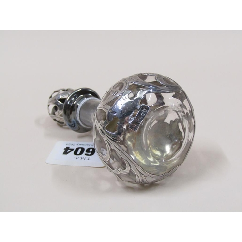 1604 - SILVER OVERLAID GLASS SCENT BOTTLE AND STOPPER