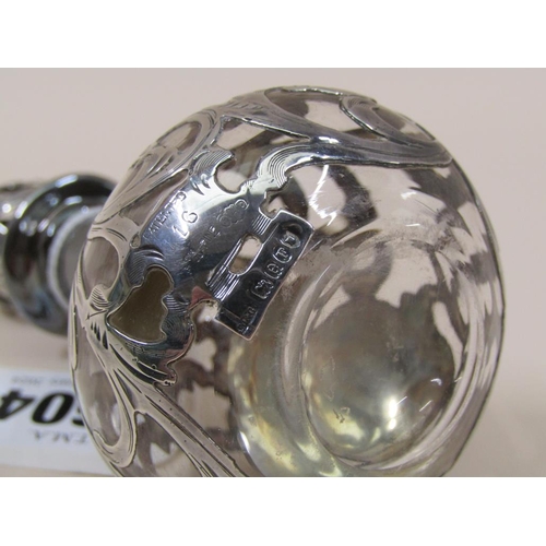 1604 - SILVER OVERLAID GLASS SCENT BOTTLE AND STOPPER