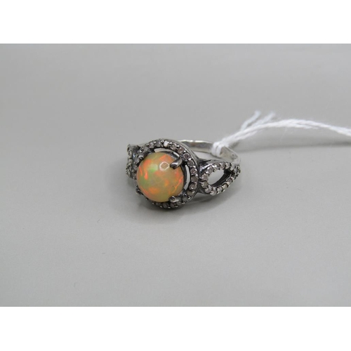 1611 - WHITE METAL OPAL DIAMOND RING - SIZE P1/2