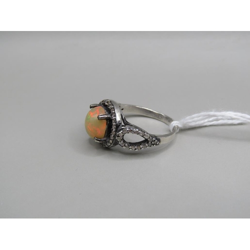 1611 - WHITE METAL OPAL DIAMOND RING - SIZE P1/2