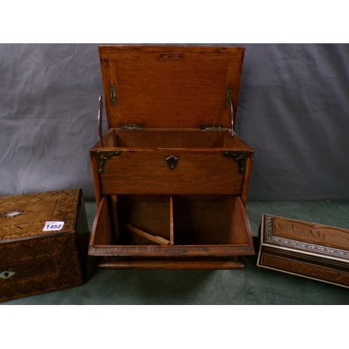 1452 - INDIAN CARVED WOOD BOX, 30CM W, VICTORIAN TUNBRIDGE NEEDLEWORK BOX, SMOKERS BOX