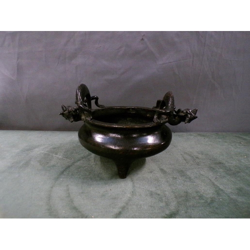 1476 - ORIENTAL PATINATED BRONZE CENSER, 17CM DIAM