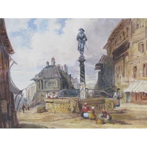 1231A - CONTINENTAL TOWN SQUARE, WATERCOLOUR IN THE MANNER OF SAMUEL PROUT, F/G, 18CMX 28CM