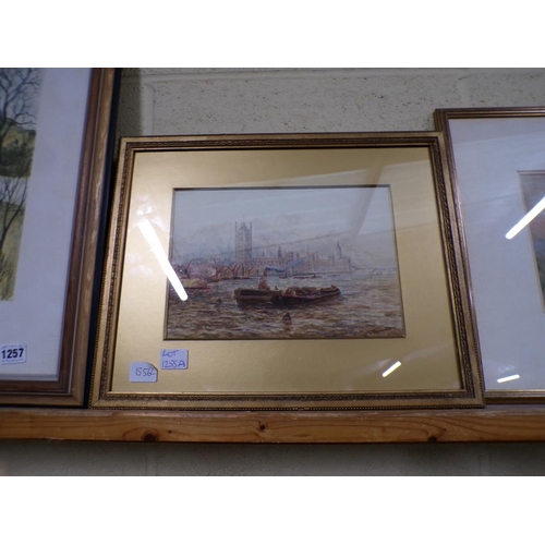 1255A - M DUNCAN - TUG BOATS ON THE THAMES, SIGNED WATERCOLOUR, 19CM X 26.5CM