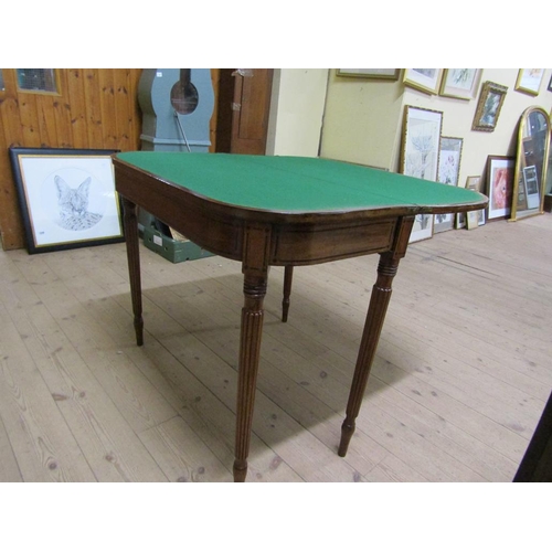 1947 - EARLY 19c MAHOGANY CROSS BANDED LINE INLAID FOLD OVER CARD TABLE 91 x 73 cms