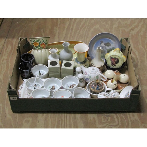 189 - BOX OF MIXED CERAMICS, TEAWARES, COPENHAGEN PLATE ETC