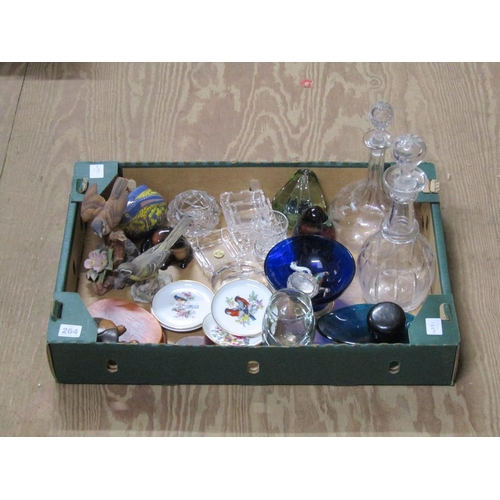 264 - BOX OF MIXED GLASSWARE, ART GLASS, CHINA ETC