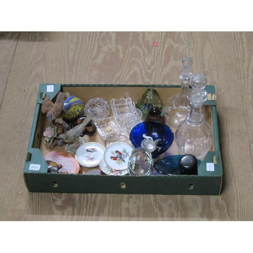 264 - BOX OF MIXED GLASSWARE, ART GLASS, CHINA ETC