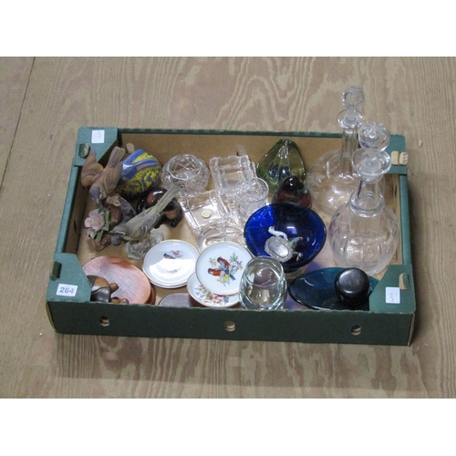 264 - BOX OF MIXED GLASSWARE, ART GLASS, CHINA ETC